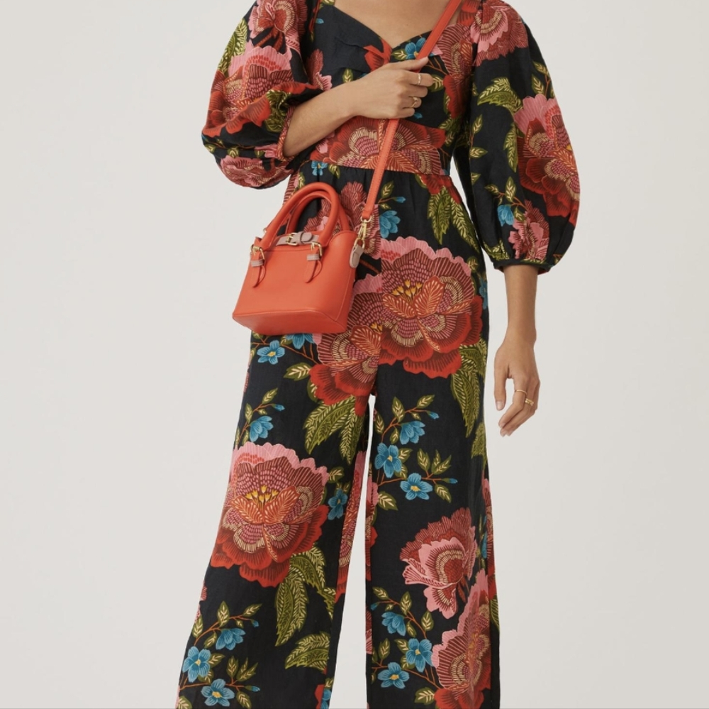 FARM Rio Black Floral Wide-Leg Jumpsuit with Pink & Red Blooms